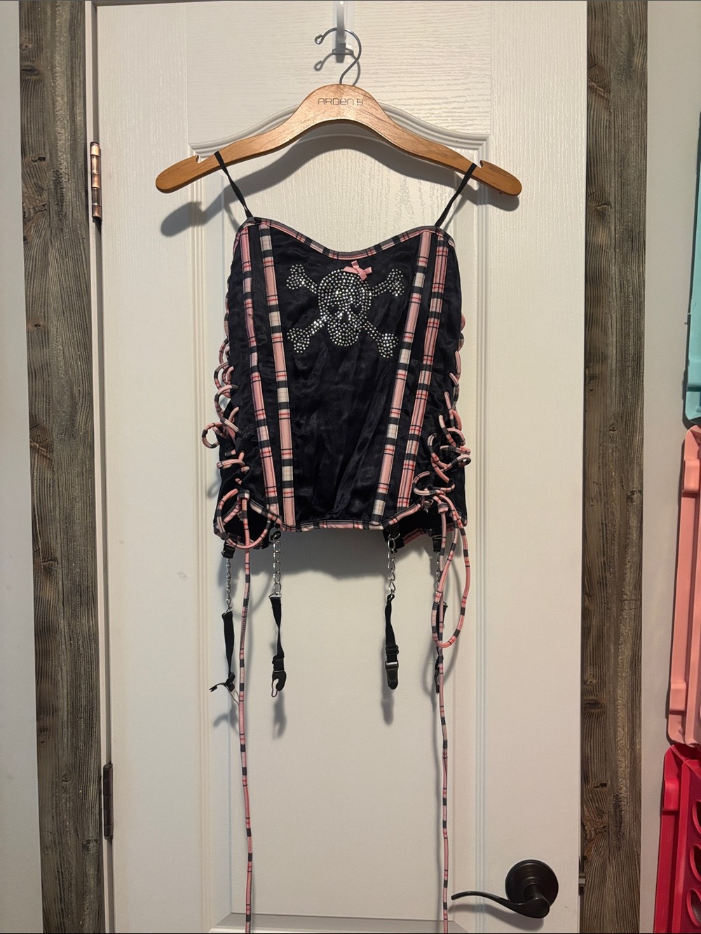 Shirley of Hollywood Edgy Pink Plaid Lace-Up Corset with Crystal Skull size 34